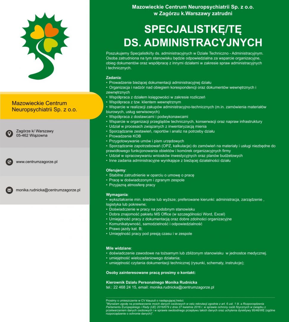 Specjalistka/ta ds. administracyjnych Zagórze - Zdjęcie 1