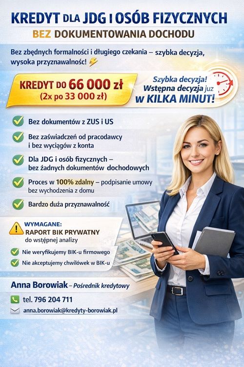 KREDYT DLA JDG I OSÓB FIZYCZNYCH BEZ DOKUMENTOWANIA DOCHODU! Warszawa - Zdjęcie 1