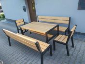 Stół drewniany + metal meble ogrodowe zestaw 2 ławki 2 fotele loft