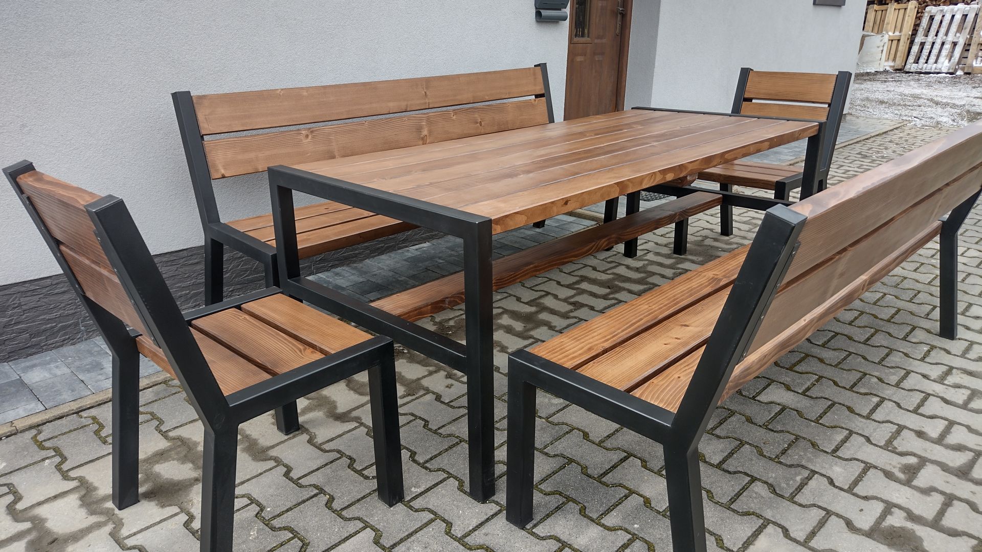 Stół drewniany + metal meble ogrodowe zestaw 2 ławki 2 fotele loft Tokarnia - Zdjęcie 1