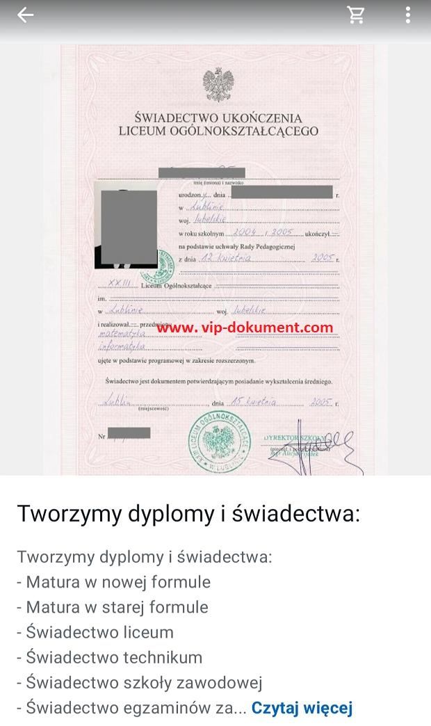 Kup świadectwo maturę dyplom polskie szkoły i uczelnie. Warszawa - Zdjęcie 1